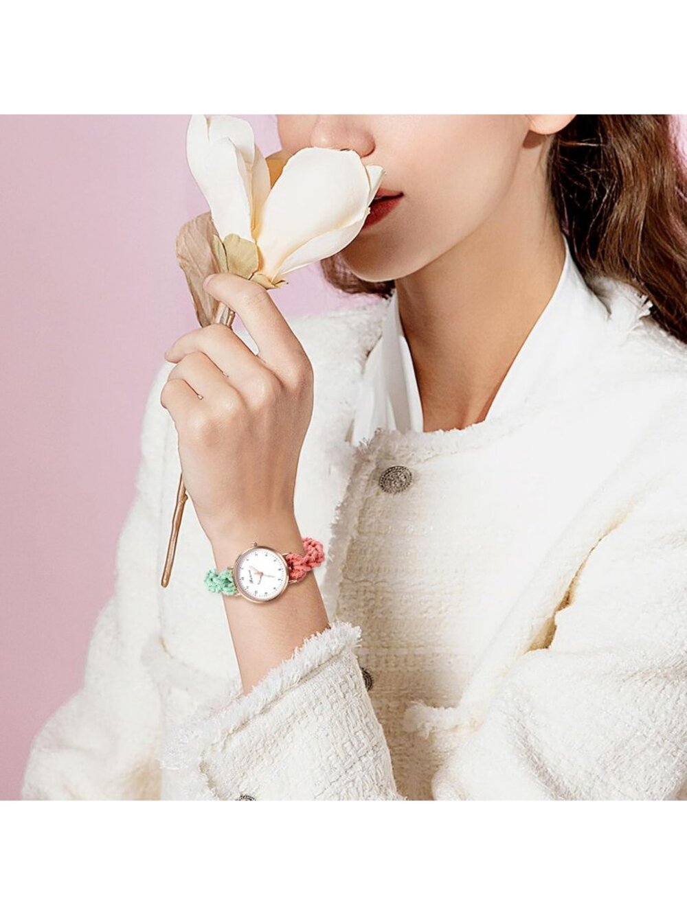 Women's Green Orange Analog Stretch Band Elastic Colorful Weave Rope Wrist Watch - Picture 5 of 6